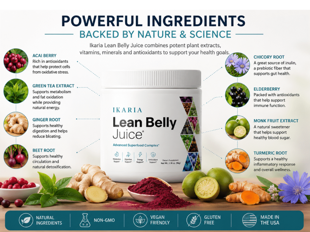 Ikaria Lean Belly Juice ingredients infographic showing natural compounds used for metabolism support, digestion, and overall wellness.