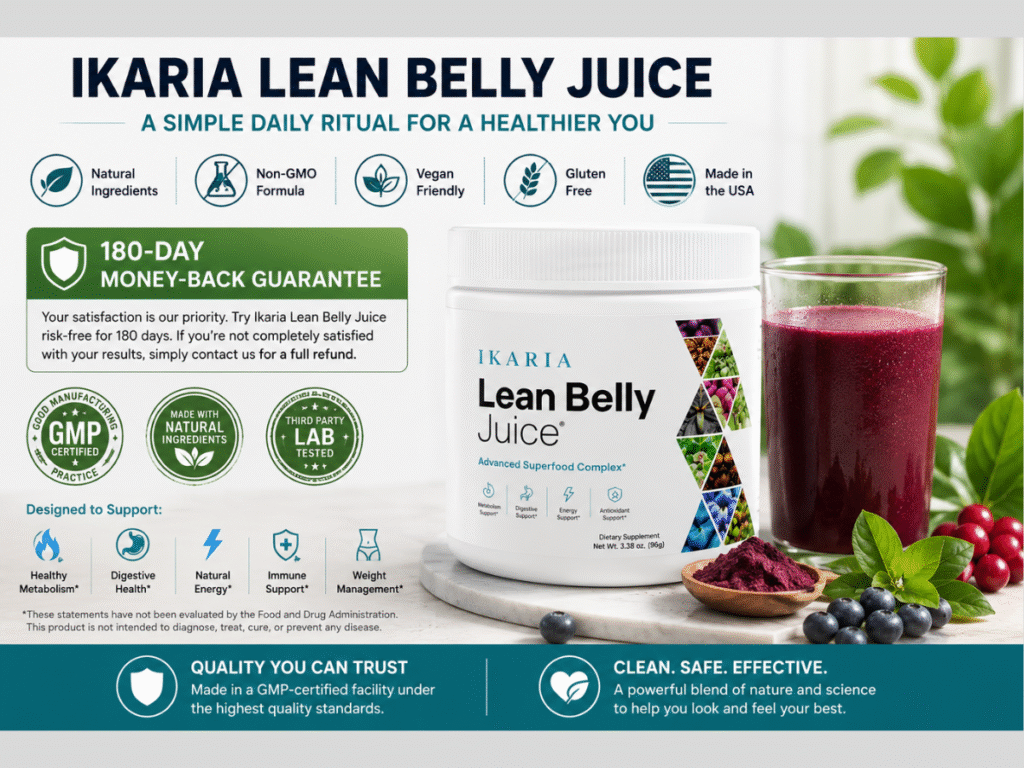 Ikaria Lean Belly Juice official website product image featuring 180-day money-back guarantee, GMP-certified manufacturing, and quality assurance information.