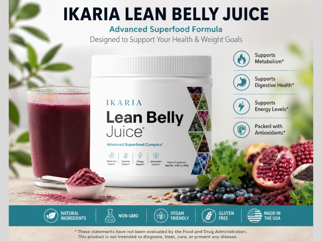 Ikaria Lean Belly Juice supplement container and powder drink mix displayed with natural ingredients and wellness-focused presentation.