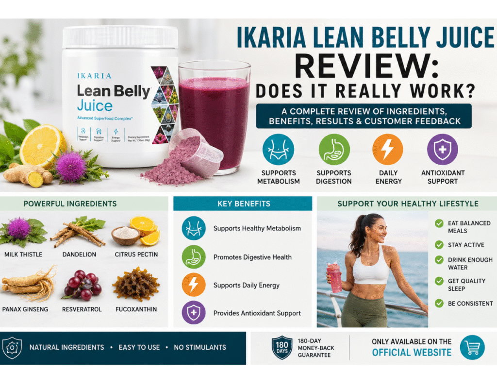 Ikaria Lean Belly Juice review infographic showing ingredients, benefits, metabolism support, digestion support, and daily wellness features.