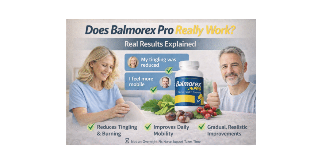 Balmorex Pro supplement bottle displayed with nerve pain relief icons and healthy adult illustration