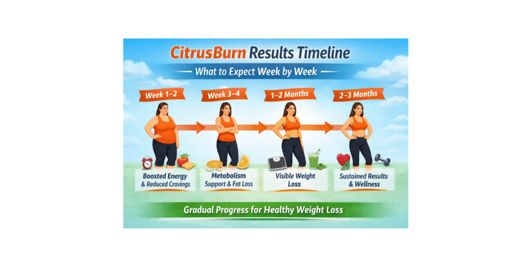 CitrusBurn results timeline showing weight loss progress from week 1 to 3 months with metabolism boost and fat burning stages