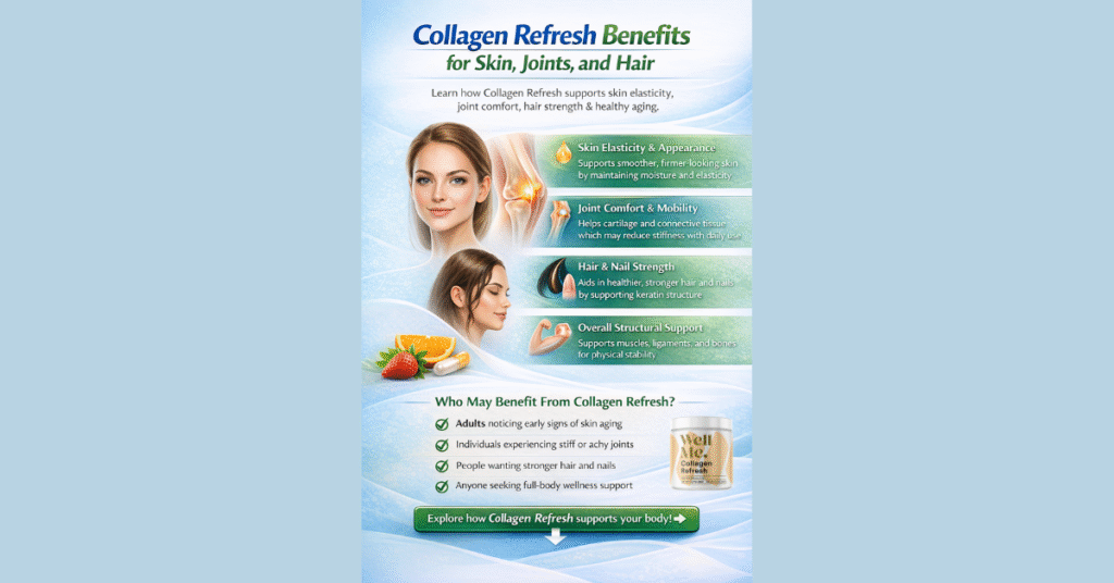 Infográfico mostrando os principais benefícios do Collagen Refresh para pele, articulações, cabelo e bem-estar geral, com foco em elasticidade da pele, conforto articular e fortalecimento estrutural.