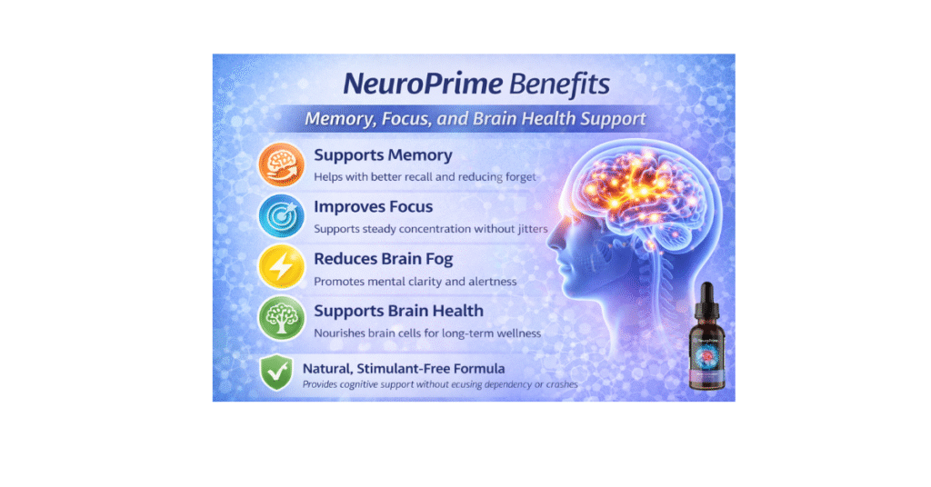 “NeuroPrime benefits infographic highlighting improved memory, focus, mental clarity, and overall brain health support”