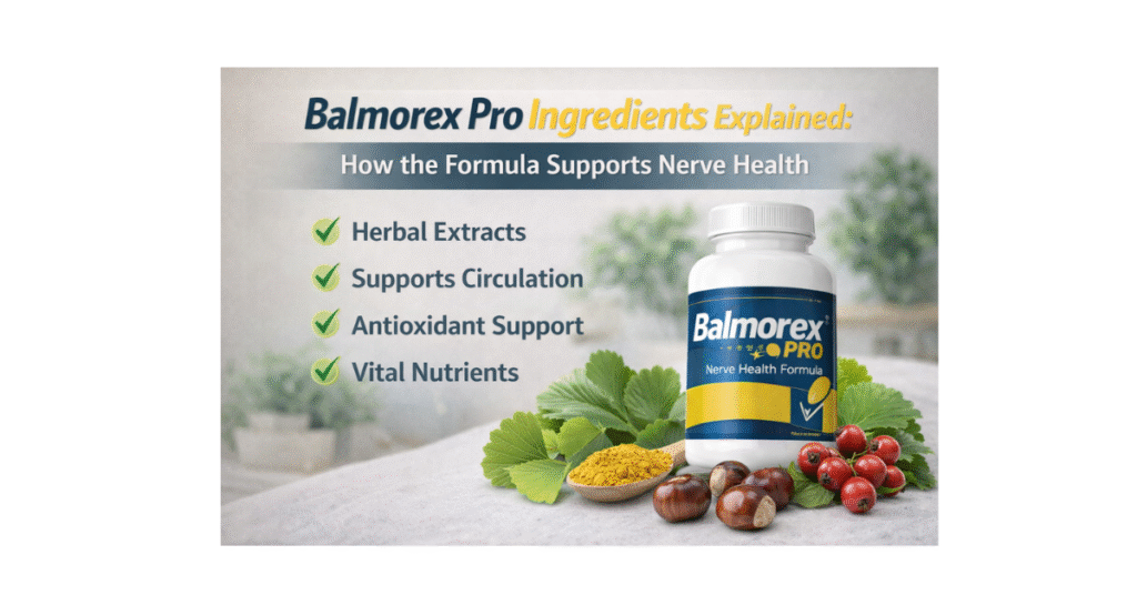 Balmorex Pro ingredients explained showing natural herbs and nutrients that support nerve health, circulation, and antioxidant protection
