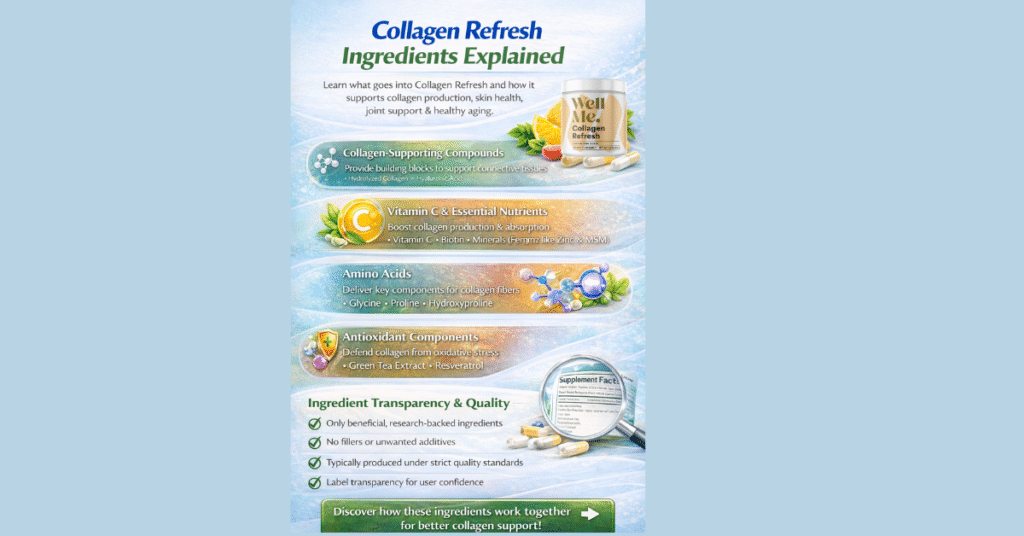 Infographic explaining the key ingredients in Collagen Refresh and how they support collagen production, skin health, joint comfort, and healthy aging.
