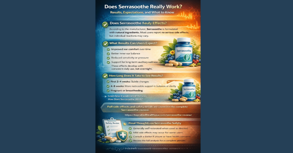 Infographic explaining whether Serrasoothe really works, showing expected results timeline, user expectations, and how the supplement supports long-term hearing health naturally.