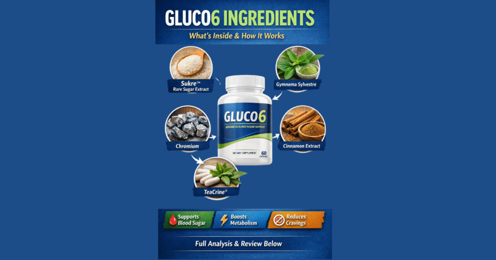 Gluco6 ingredients infographic with Sukre rare sugar extract, Gymnema Sylvestre, Chromium, Cinnamon extract and TeaCrine for blood sugar support.