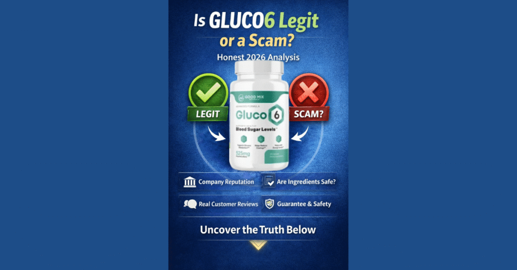 Gluco6 supplement bottle with text Is Gluco6 Legit or a Scam 2026 review infographic showing company reputation, ingredient safety, real customer reviews and guarantee analysis