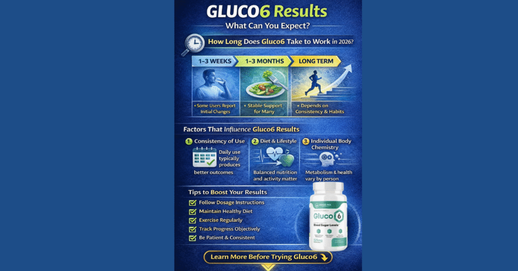 Gluco6 results infographic showing timeline of 1–3 weeks, 1–3 months and long-term use, factors influencing outcomes like consistency, diet and individual body chemistry