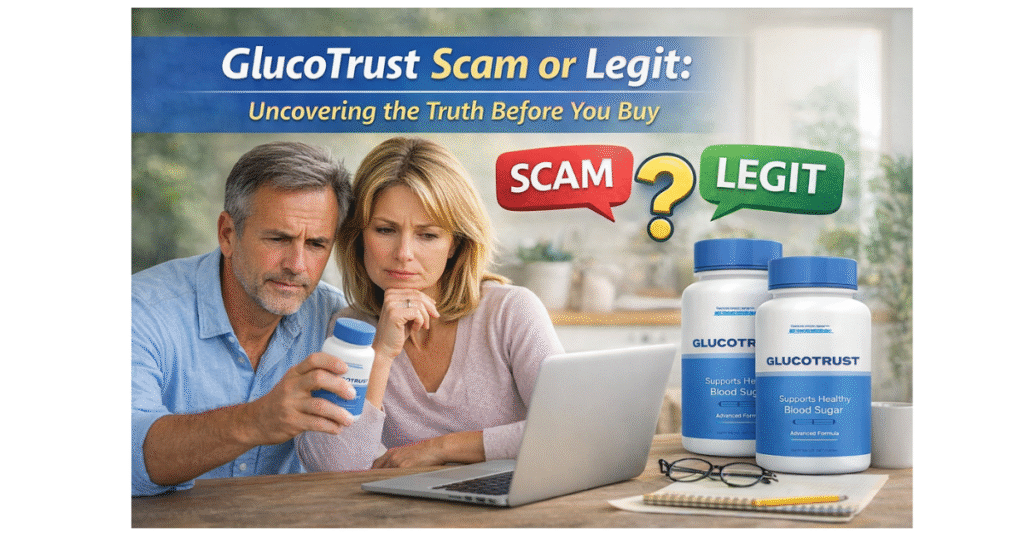 Image representing consumers researching whether GlucoTrust is a scam or a legitimate blood sugar support supplement before making a purchase decision.