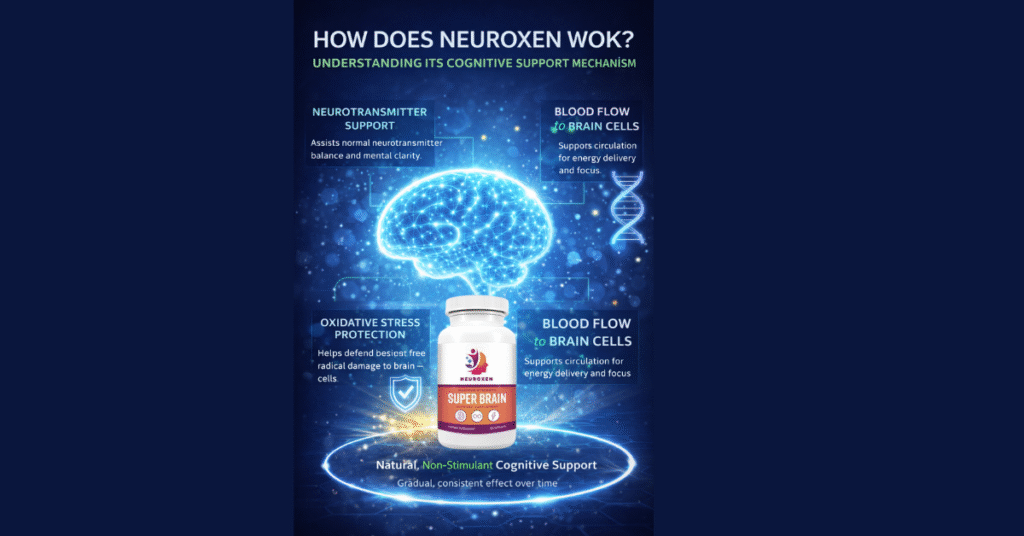 How NeuroXen works infographic showing a glowing brain connected to icons representing neurotransmitter support, improved focus, enhanced memory, reduced oxidative stress, and balanced cognitive function.