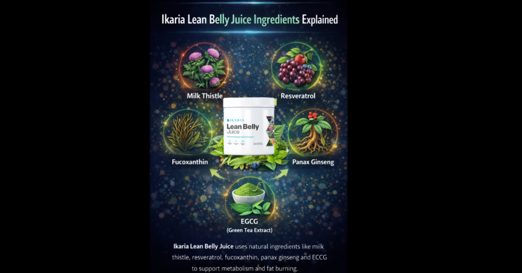 Ikaria Lean Belly Juice ingredients infographic showing Milk Thistle, Resveratrol, Fucoxanthin, Panax Ginseng, and EGCG working together to support metabolism and fat burning.