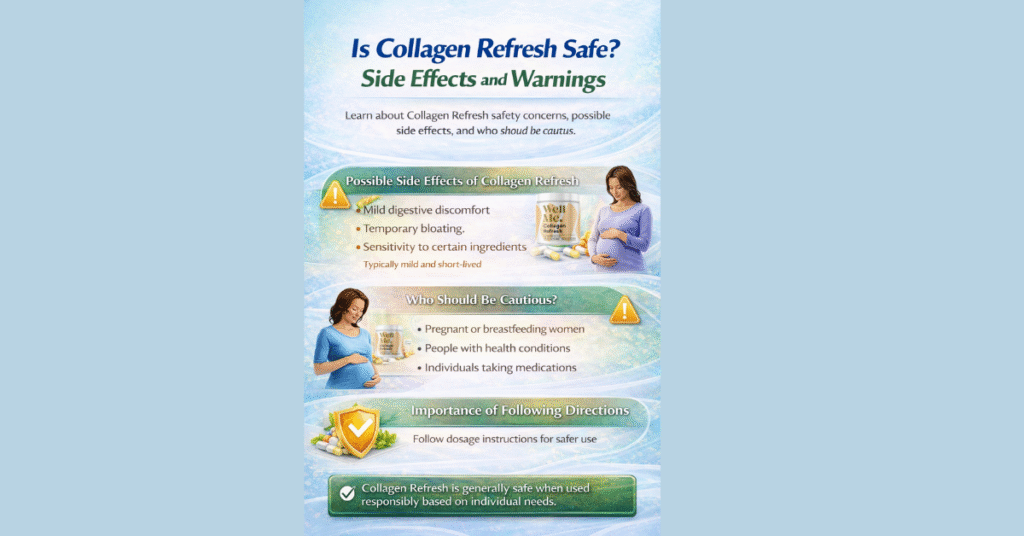 Infographic explaining whether Collagen Refresh is safe, including possible side effects, safety warnings, and who should use caution.
