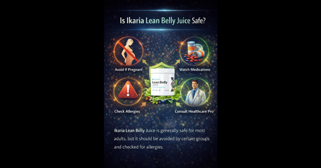 Is Ikaria Lean Belly Juice safe infographic showing safety guidelines, including avoiding use during pregnancy, checking for allergies, watching medication interactions, and consulting a healthcare professional.