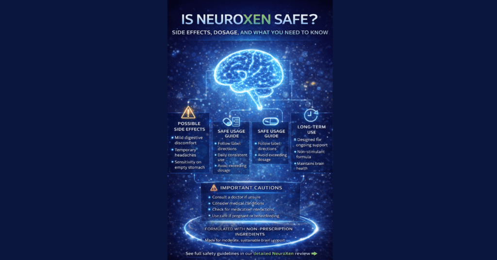 Is NeuroXen safe infographic showing a brain shielded by protective icons representing safety, dosage guidance, non-stimulant formula, and low risk of side effects.
