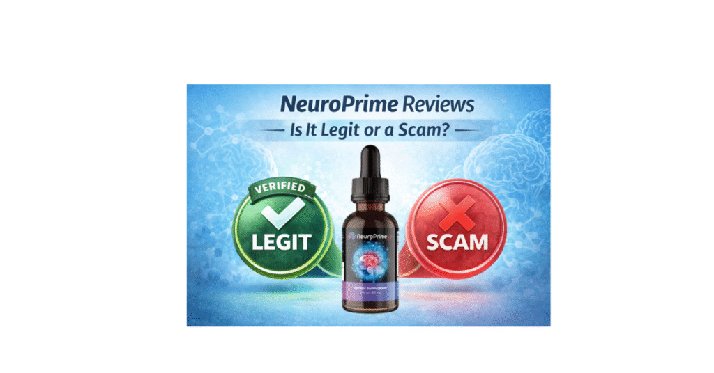 “NeuroPrime reviews graphic asking if the supplement is legit or a scam, with verified legit icon and scam warning symbol on a blue background”