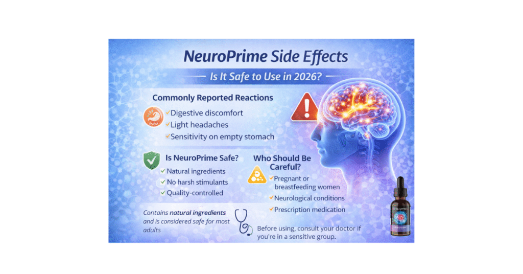 “NeuroPrime side effects infographic explaining safety, possible reactions, and who should avoid using the brain supplement in 2026”