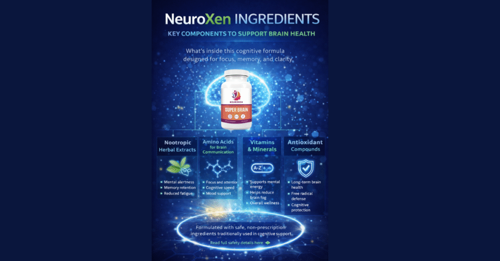NeuroXen ingredients infographic showing nootropic herbal extracts, amino acids, vitamins, minerals, and antioxidant compounds that support brain health, focus, memory, and cognitive clarity.