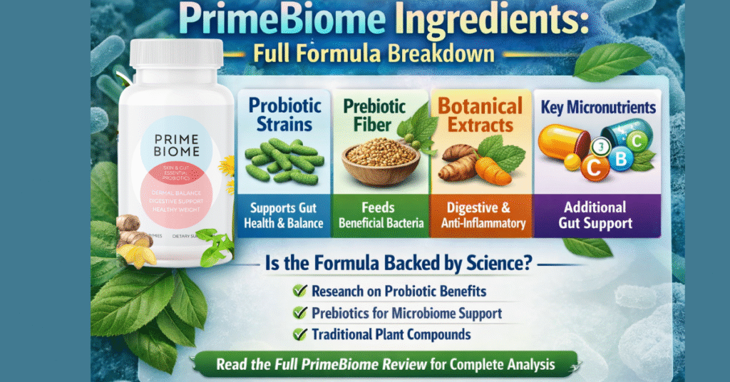 PrimeBiome Ingredients infographic showing probiotic strains, prebiotic fiber, botanical extracts, and key micronutrients supporting gut and skin health.
