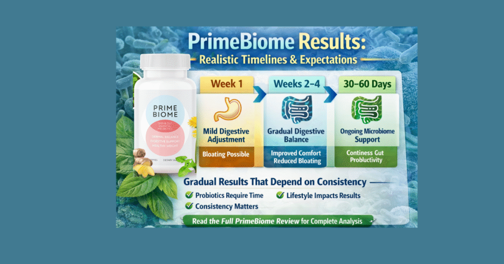 PrimeBiome results timeline infographic showing week 1 digestive adjustment, weeks 2-4 gradual balance, and 30-60 days microbiome support.