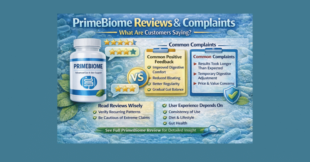 PrimeBiome reviews and complaints infographic showing customer feedback, common benefits like digestive support and bloating relief, and typical complaints about gradual results and adjustment period.