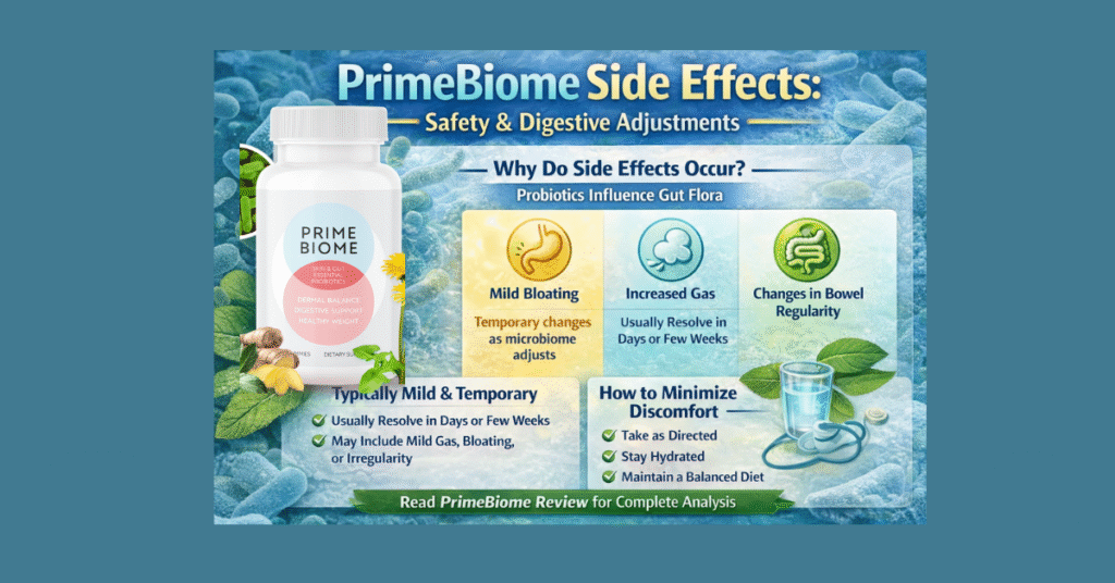 PrimeBiome side effects infographic showing mild bloating, increased gas, and temporary digestive adjustments with probiotic use.