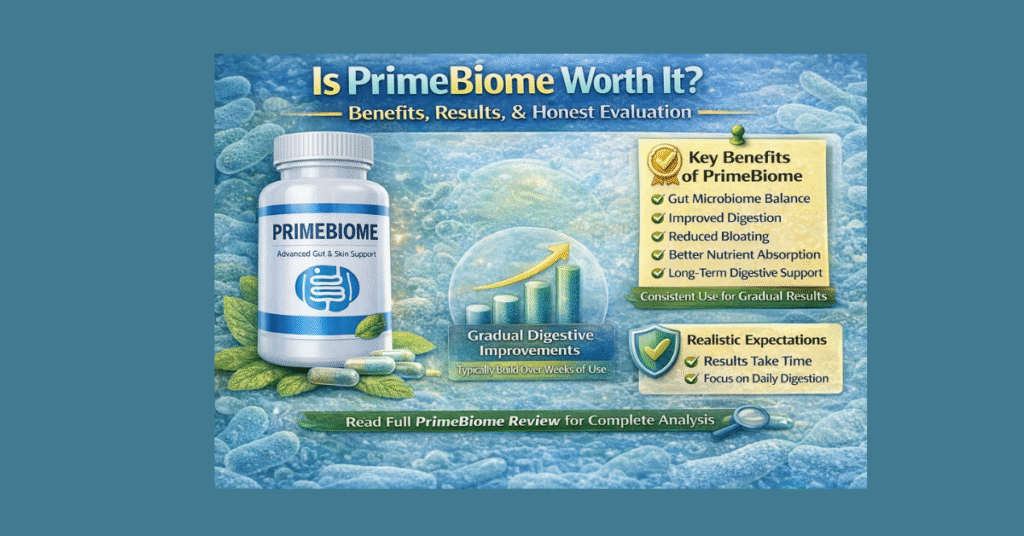 Is PrimeBiome Worth It? Benefits, Results, & Honest Evaluation. Key Benefits of PrimeBiome: Gut Microbiome Balance, Improved Digestion, Reduced Bloating, Better Nutrient Absorption, Long-Term Digestive Support. Gradual Digestive Improvements Typically Build Over Weeks of Use. Realistic Expectations: Results Take Time, Focus on Daily Digestion. Read Full PrimeBiome Review for Complete Analysis.
