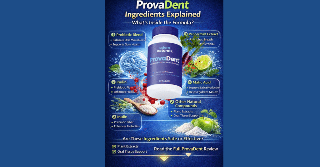 ProvaDent ingredients infographic showing probiotic blend, inulin, peppermint extract and malic acid supporting oral microbiome balance and gum health