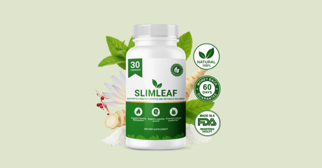SlimLeaf weight loss supplement bottle with natural ingredients concept