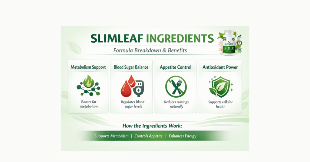 SLIMLEAF INGREDIENTS – Formula Breakdown & Benefits. Metabolism Support: Boosts fat metabolism. Blood Sugar Balance: Regulates blood sugar levels. Appetite Control: Reduces cravings naturally. Antioxidant Power: Supports cellular health. How the Ingredients Work: Supports Metabolism | Controls Appetite | Enhances Energy.
