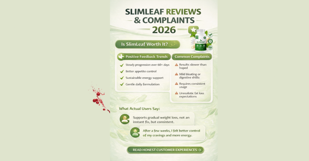 Infographic titled “SlimLeaf Reviews & Complaints 2026” featuring a clean green and white design with icons and sections highlighting positive reviews such as appetite control, reduced cravings, increased energy, and gradual weight management, alongside common complaints like delayed results, need for consistent use, and individual variation, plus a summary stating that user satisfaction is generally positive when combined with healthy habits.