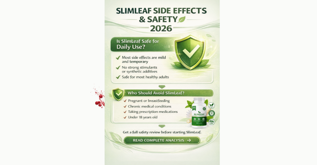 SlimLeaf side effects and safety 2026 infographic showing mild side effects, daily use safety, and who should avoid SlimLeaf supplement