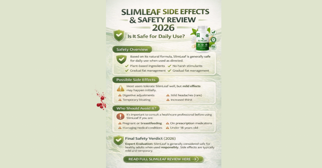 Infographic titled “SlimLeaf Side Effects & Safety Review 2026” explaining mild temporary side effects, adaptation period, who should avoid use, and overall safety evaluation for daily supplementation.