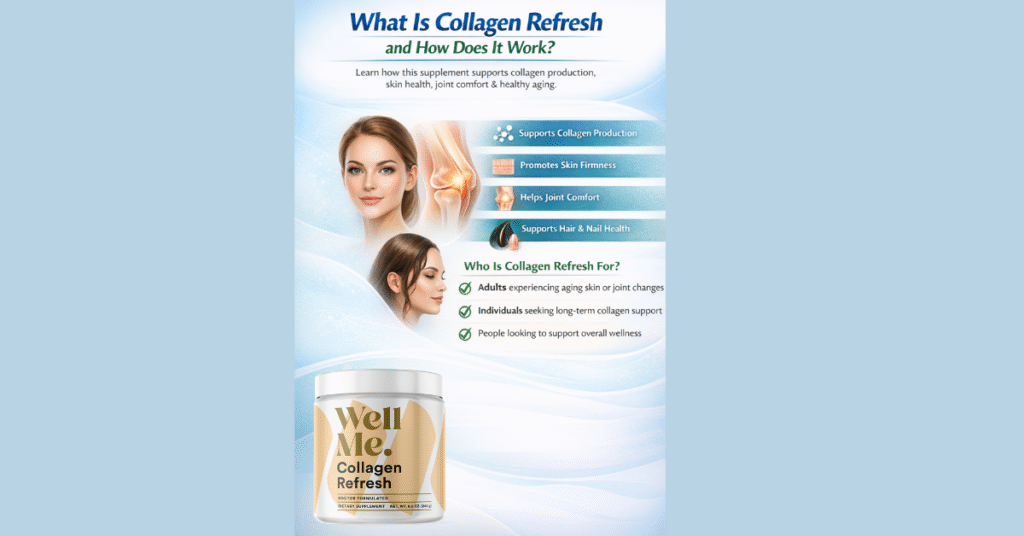 Infographic explaining how Collagen Refresh supports collagen production, skin firmness, joint comfort, and healthy aging

